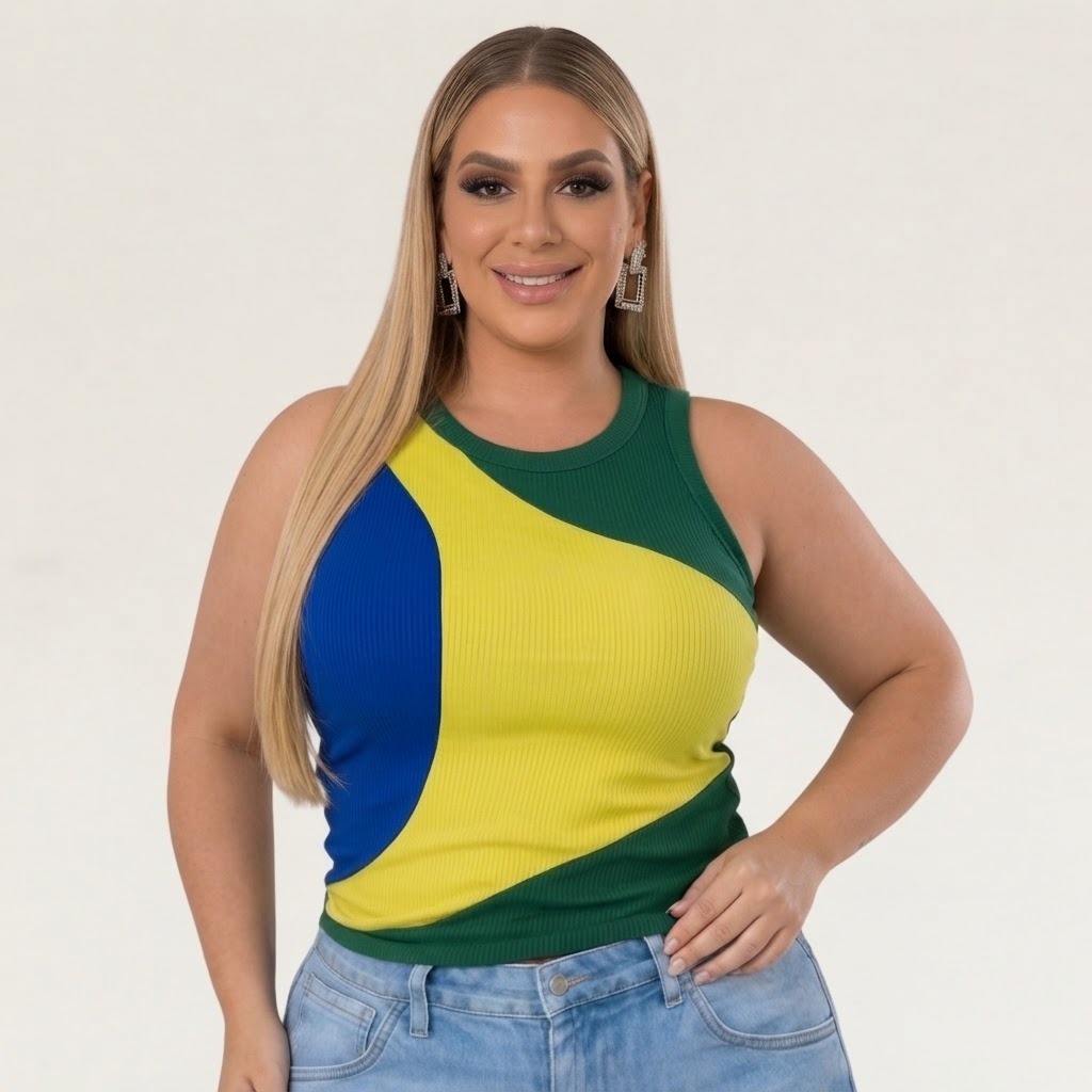 Regata Cropped Eleições Brasil Feminina Plus Size Gola Redonda Tecido Canelado Básica Roupa Feminina