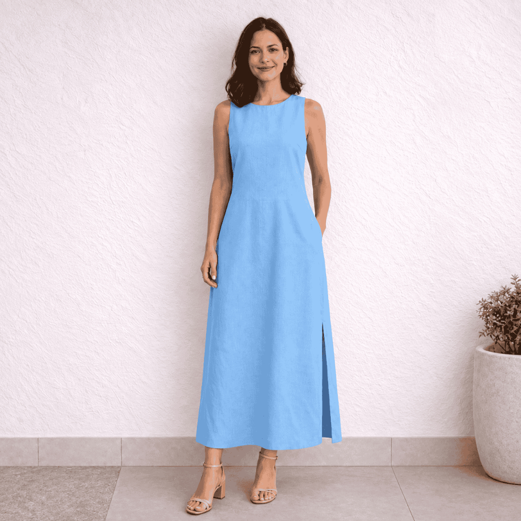 Vestido Regata Com Bolso Feminino em Linho com Forro Zíper nas Costas Longo com Fenda Lateral Verão Elegante