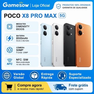 Xiaomi Poco X8 Pro Max 5G, Processador MediaTek Dimensity 9500s, Bateria 8500 mAh, Versão Global, 256GB + 12GB RAM
