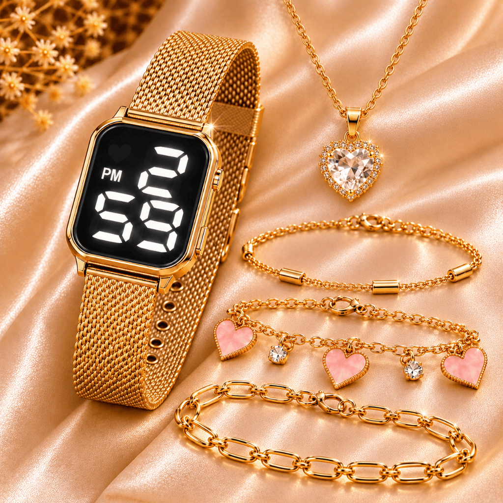 Kit Relógio LED Feminino + 3 Pulseiras + Colar Coração Luxo