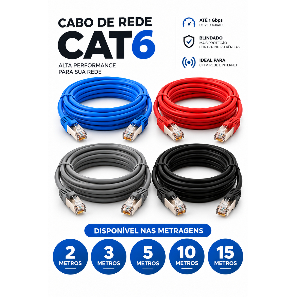 Cabo de Rede Cat6 RJ45 Alta Velocidade 2m 3m 5m 10m 15m Montado Homologado Anatel