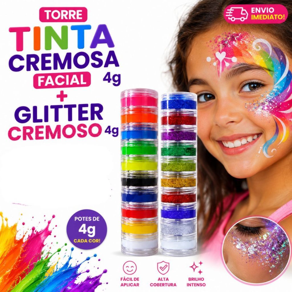 Kit Tinta Facial Cremosa + Glitter Cremoso Torre Cores Maquiagem Artística Infantil Profissional
