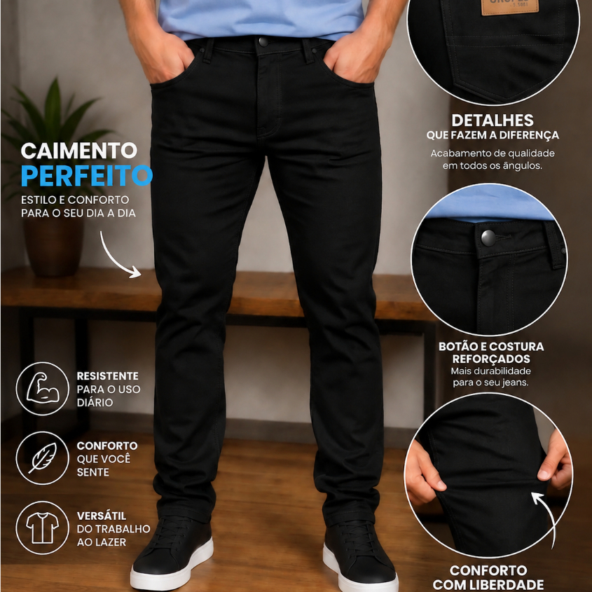 Calça Jeans Masculina Tradicional Reta para Trabalho com Elastano Lycra Reforçada
