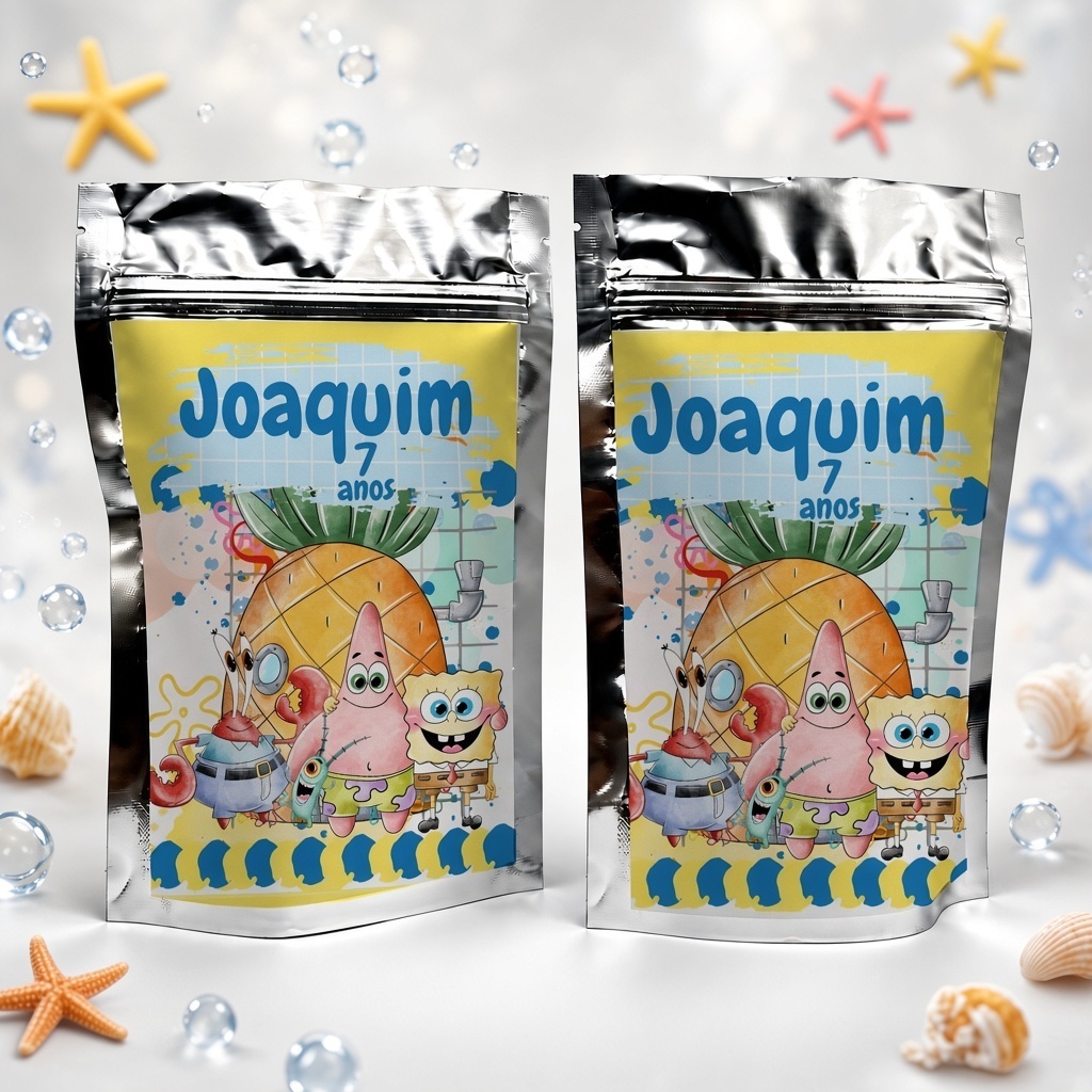 Saquinho Metalizado Personalizado Bob Esponja P 10x15cm Lembrancinha Festa Aniversário Nome e Idade