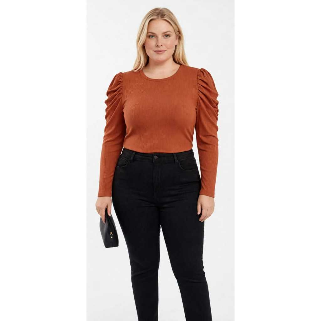 Blusa Feminina Canelada Manga Longa Bufante Gola Redonda Casual Elegante