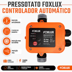 Pressostato Foxlux Bivolt IP65 Controlador Automático Bomba Água Proteção Automático de Pressão IP65