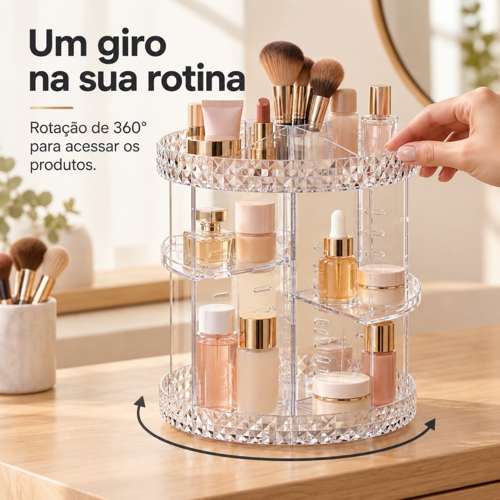 Organizador de Maquiagem Giratório 360° Transparente com Divisórias e Textura Diamante para Cremes e Perfumes