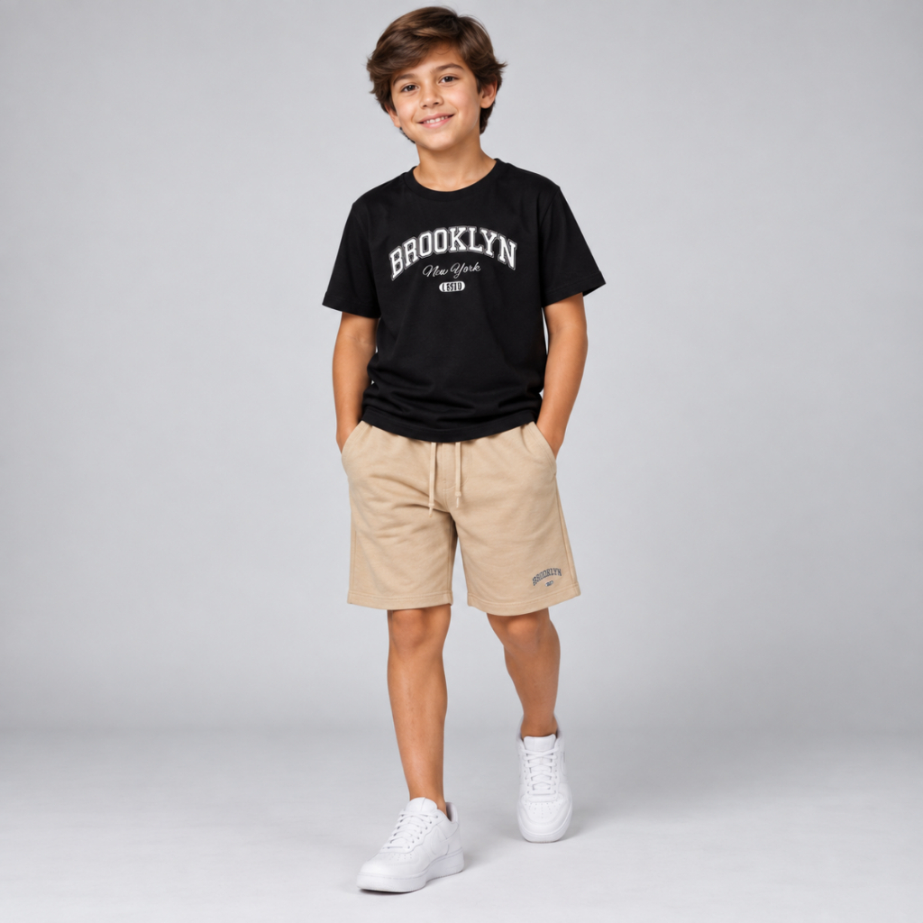 Conjunto Camiseta e Bermuda Juvenil Menino Estampa Brooklyn Camisa em Algodão Short Moletinho