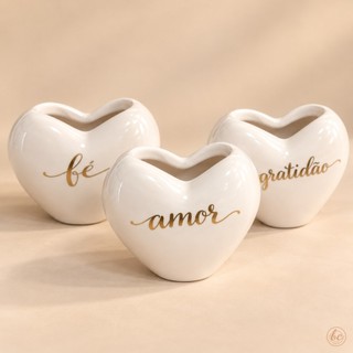 Vaso Cachepot Coração Porcelana Branco Decorativo Fé Gratidão Amor Pequeno Grande Kit Para Plantas