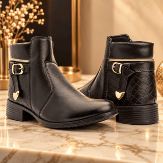 Bota Coturno Feminina Outono Inverno Bota Cano Curto com Salto Baixo e Detalhes Dourados Confortável Elegante Casual