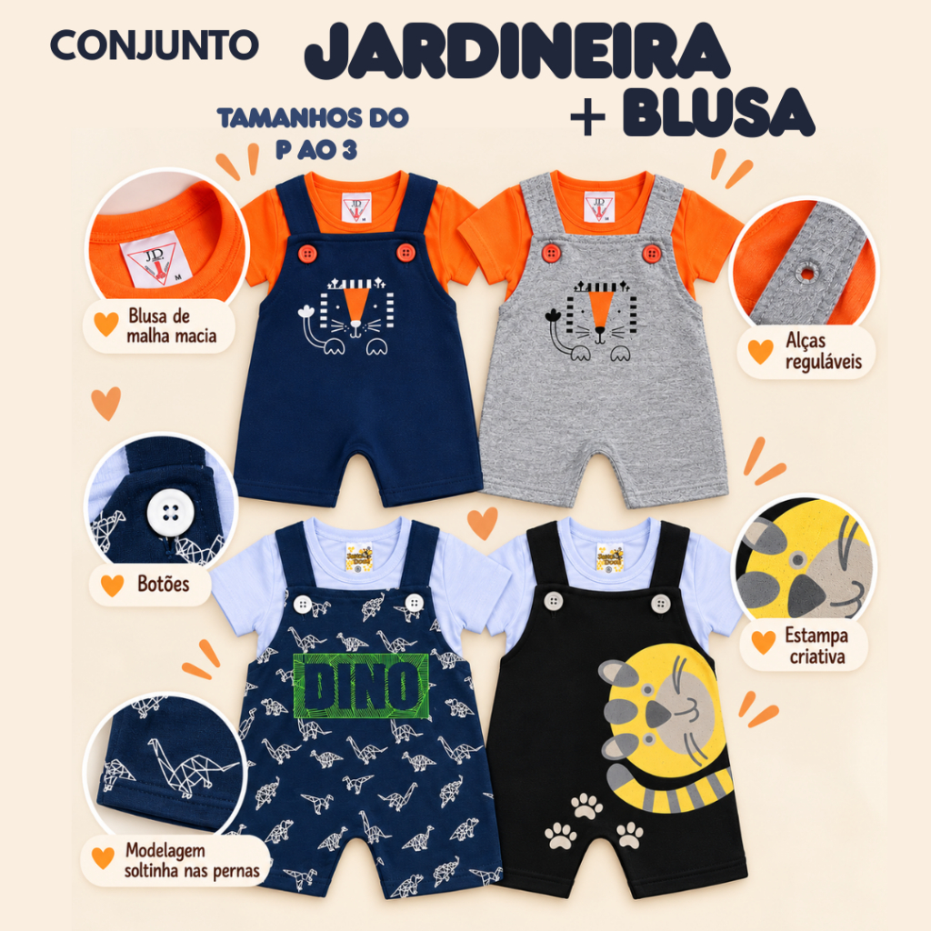 Conjunto Jardineira Masculina Para Meninos Estampa de Leão com Camiseta de Algodão