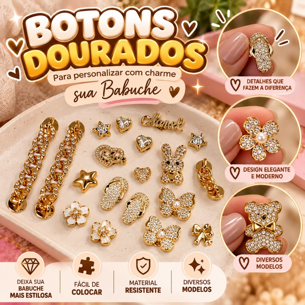 Botons Pins para Babuches Kit de enfeites acessorios facil colocação
