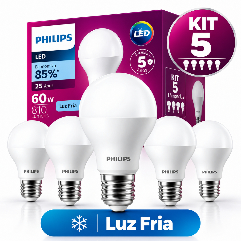 5 Lâmpadas Philips LED Bulbo EQUIVALE A 60W 6500K E27 Branca Fria com Fluxo lLuminoso de 810Lumens 85%de Econom