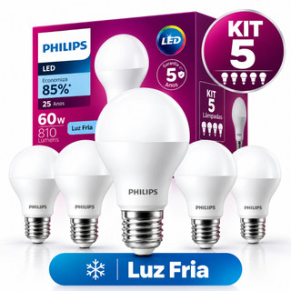 5 Lâmpadas Philips LED Bulbo EQUIVALE A 60W 6500K E27 Branca Fria com Fluxo lLuminoso de 810Lumens 85%de Econom