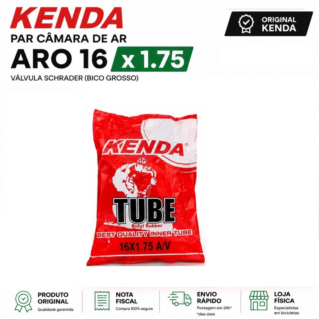 Par Câmara de Ar Infantil Kenda Aro 16 x 1.75 Bico Grosso Schrader Butyl Bike
