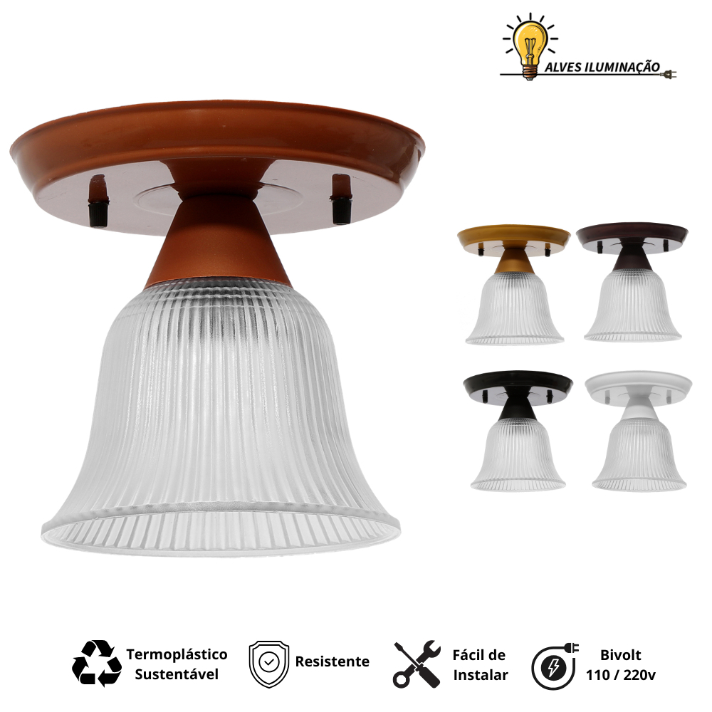 Plafon Sino Cúpula Cristal de Sobrepor o Teto Cozinha Quarto Sala Soquete E27 Bivolt Completo