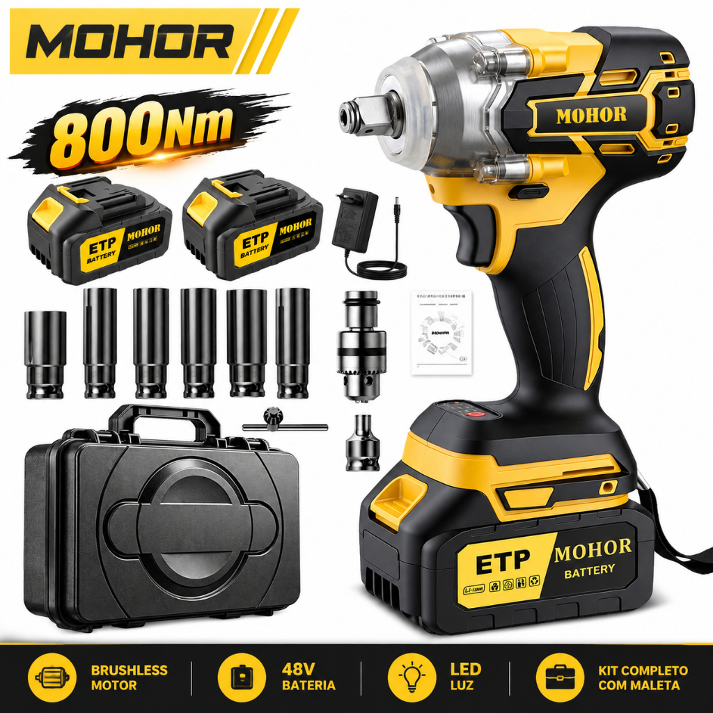 Mohor Chave de Impacto 48V 800Nm com 2 Baterias e Maleta Plástica Ferramenta Sem Fio Alto Torque Profissional