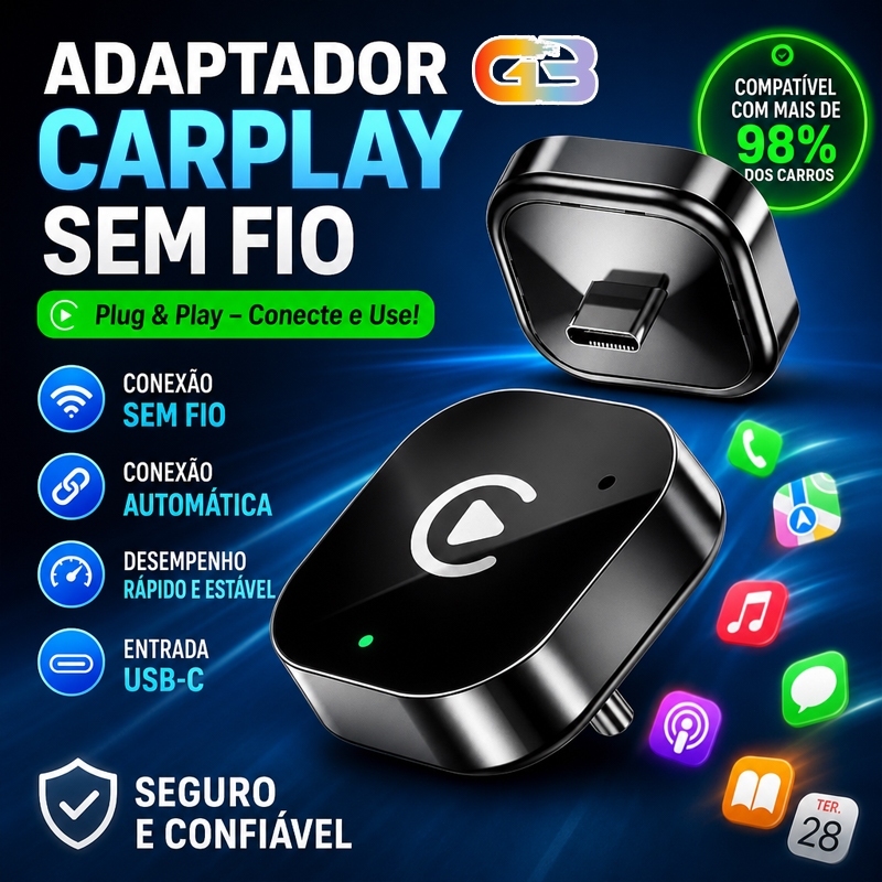 CarPlay Adaptador Sem Fio Android Auto 2 em 1 USB e Tipo-C com Conexão Automática Rápida e Estável CARPLAY