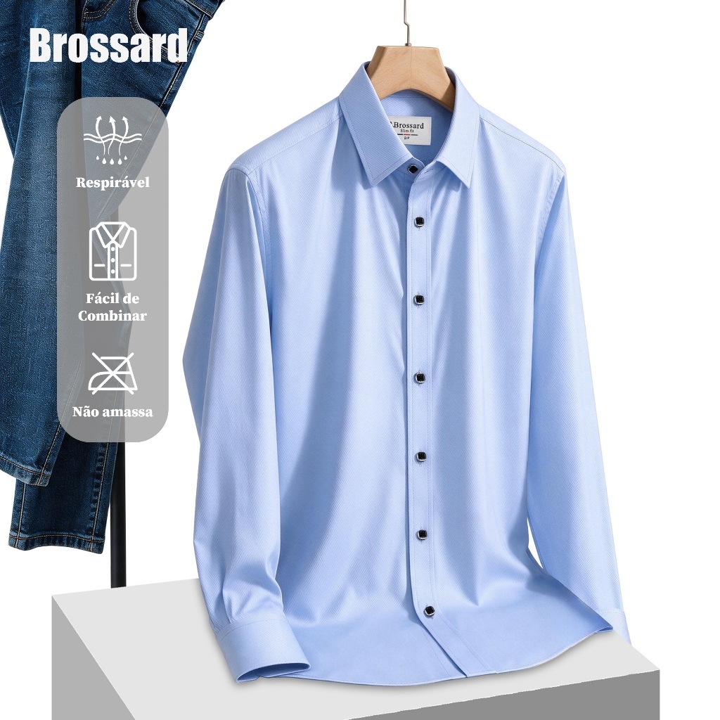 Camisa Social Masculina Manga Longa Slim Elegante Não Amassa Confortável Respirável, Para Trabalho
