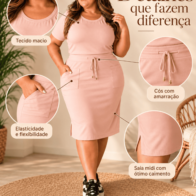 Conjunto Plus Size Feminino Blusa Tshirt + Saia Midi Fenda Lateral Adulto Luxo — imagem 2 de 2