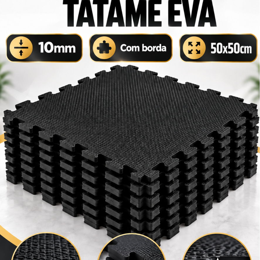Kit Tatame EVA Preto 50x50 10mm Tapete Academia Pilates Ginastica