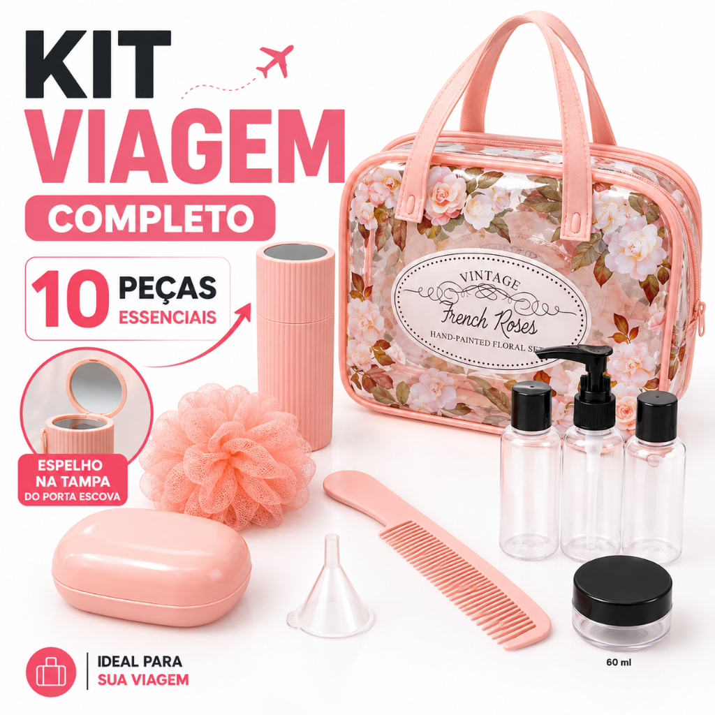 Imagem Kit Viagem Com Necessaire Frascos Higiene Pessoal Creme Shampoo Saboneteira