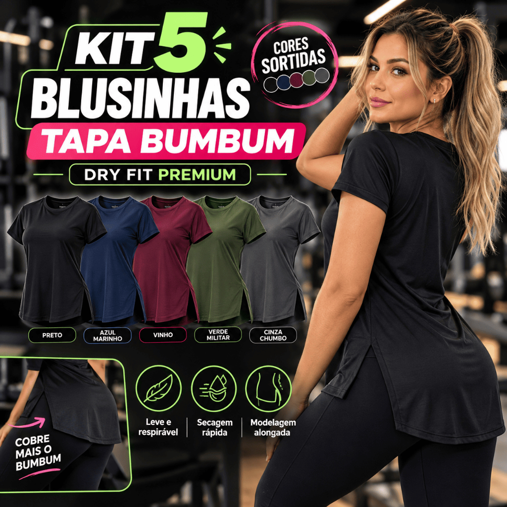 Kit 5 Blusas Feminina Academia Dry Fit Camisa Treino camiseta Musculação tampa bum bum
