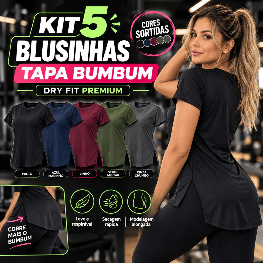 Kit 5 Blusas Feminina Academia Dry Fit Camisa Treino camiseta Musculação tampa bum bum — imagem 1