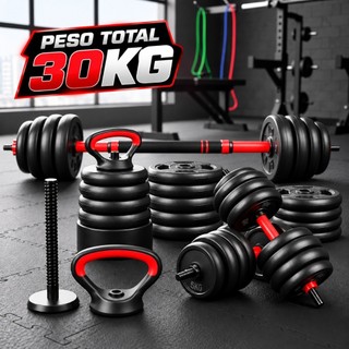 Kit Halteres Barra Anilhas 6 em 1 Musculação Kettlebell Ajustável Academia Até 30kg