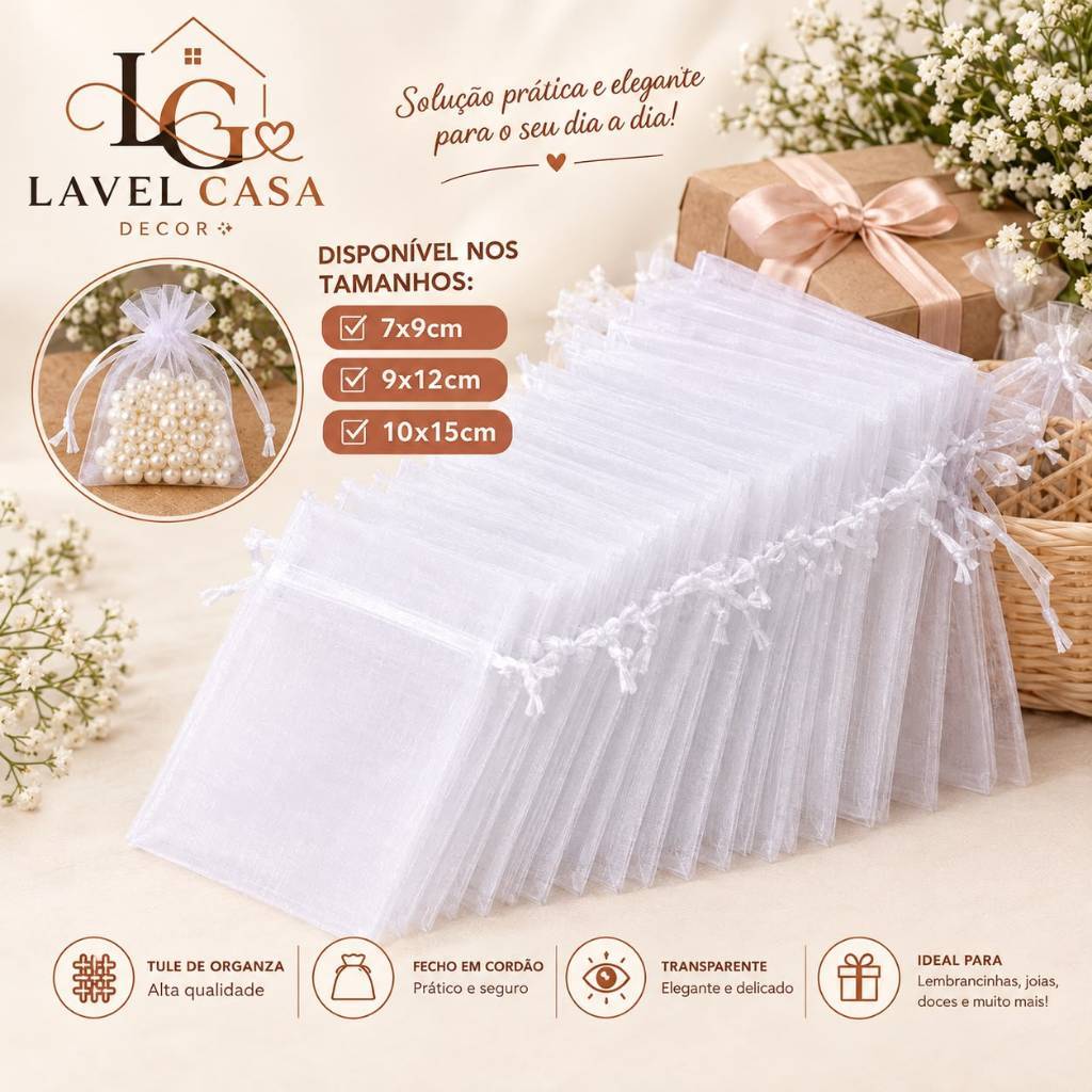 Kit 10/20/50/100 Saco Saquinho Organza  7x9 / 9x12 / 10x15 / 20x30 Tule Branco Lembrancinha Jóia Festa Casamento