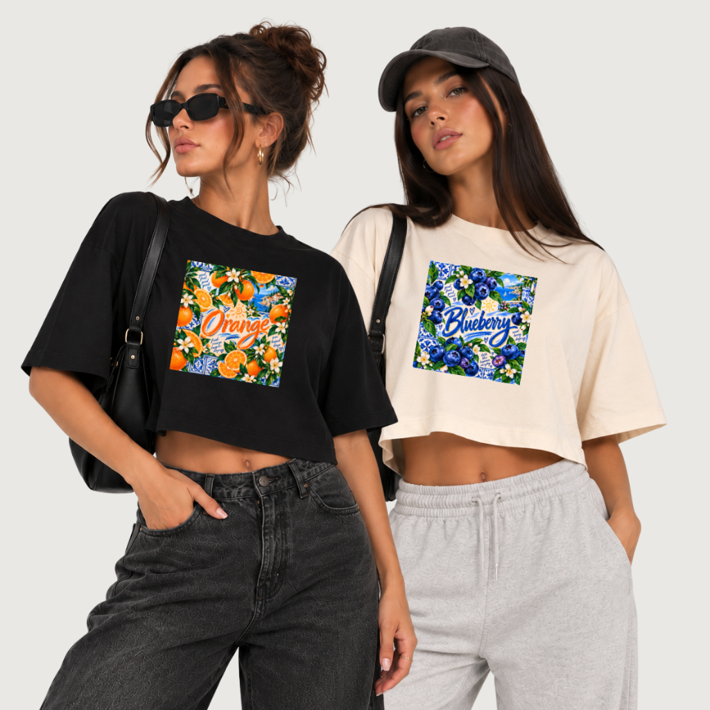 Kit 2 Cropped Oversized Estampado Fruta Verão Blusinha Moda Feminina Camiseta Cropped Feminino Oversized Moda Praia