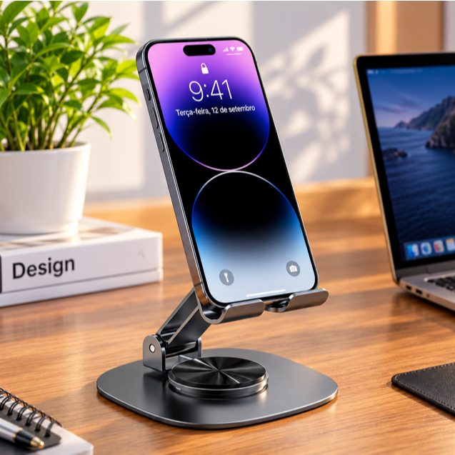 Suporte Alumínio de Mesa Base Rotatória Ajustável 360º Para Smartphones e Tablets
