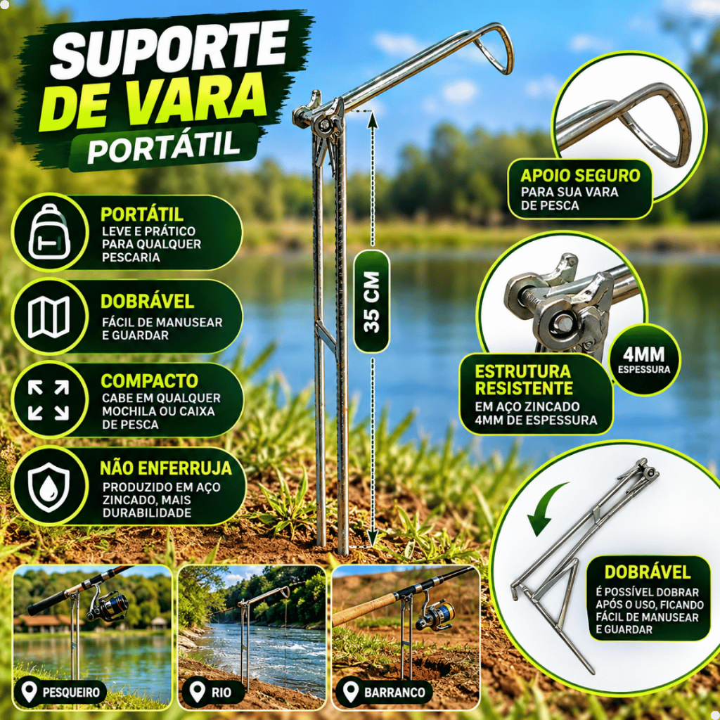 Suporte De Vara Para Pescar Peixe Compacto Dobrável Portátil Aço Reforçado 35Cm
