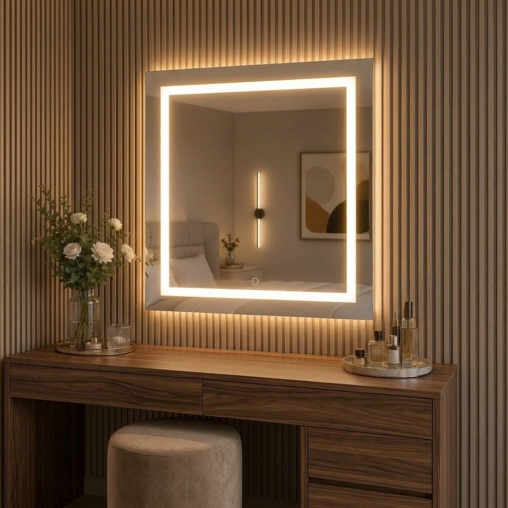 Espelho Com LED Jateado 80x80cm Quadrado para Banheiro Iluminação, Touch