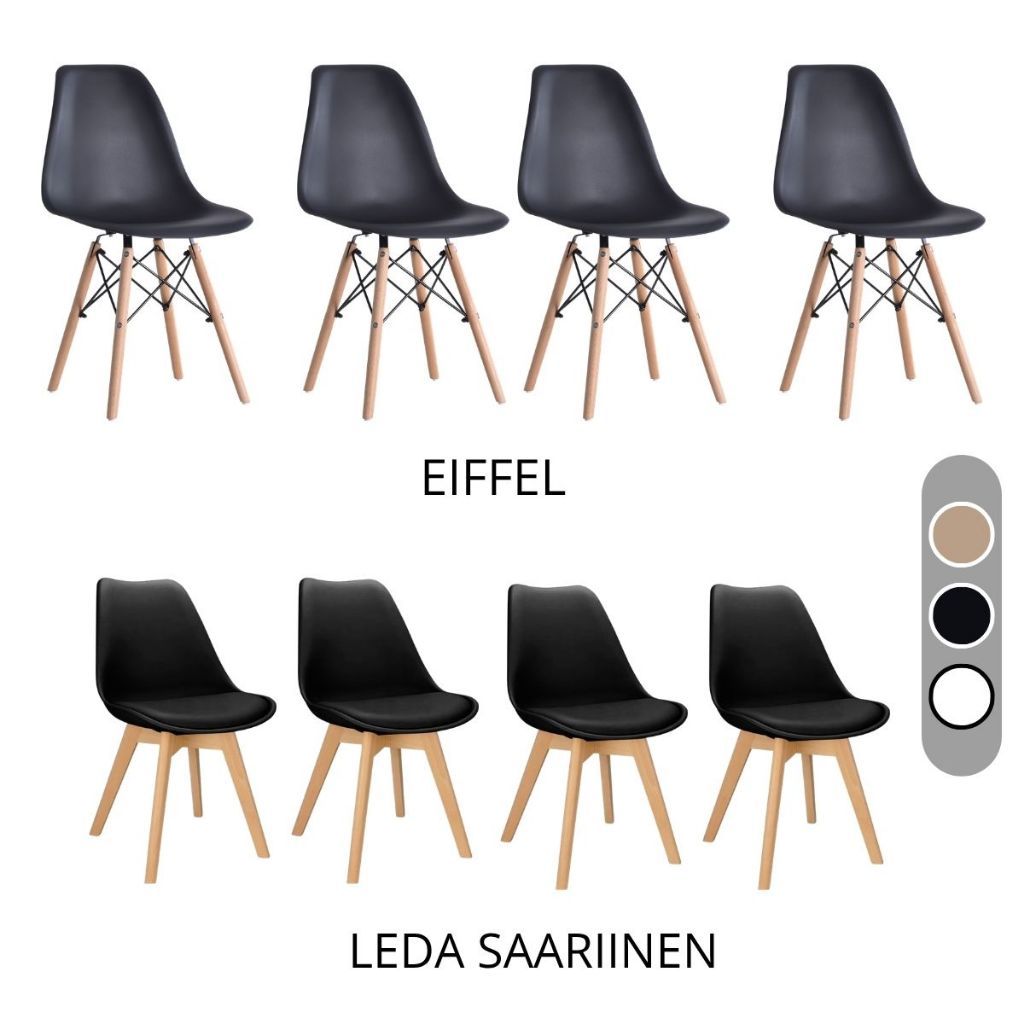 Kit 4 Cadeiras Eames Leda Eiffel Estofada e Sem Estofado Com Base de Madeira Jantar Charles Eames Saarinen