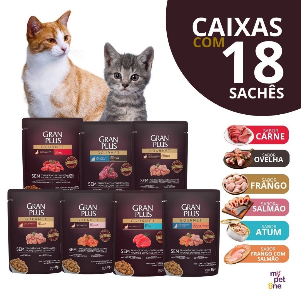 Ração Úmida Sachê GranPlus Gourmet Gatos Sabores Diversos Caixa 18, 36, 54 Ou 72 Unidades