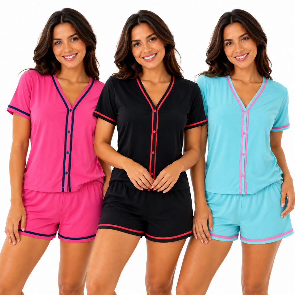 Pijama Feminino Americano meia manga e short Aberto Botão Blogueira Confortável Luxo