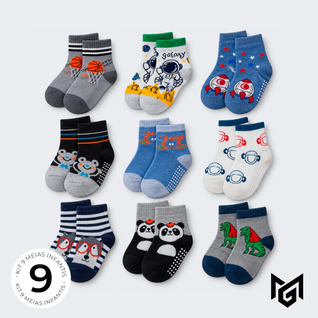 Kit 9 Pares Meias Infantil Masculina Menino Antiderrapante Cano Médio Estampadas Sortidas