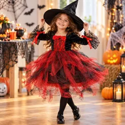 Fantasia Bruxinha Menina Vestido Gótico Infantil Preto Vermelho com Renda Festa Halloween