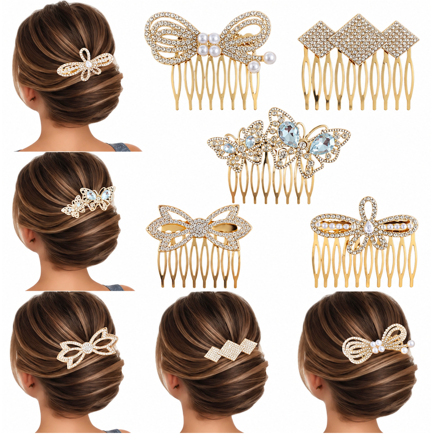 5 Peças Pente Enfeite De Cabelo Presilha Strass Pérola