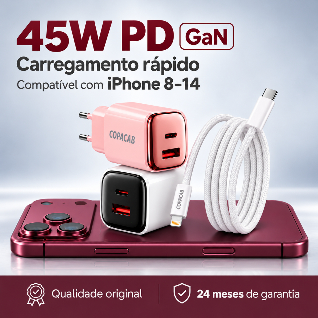 Carregador fonte 45W GaN PD Turbo com 2 portas USB-C e USB-A–Carregamento super rápido para iPhone 14 13 12 11Promax XR