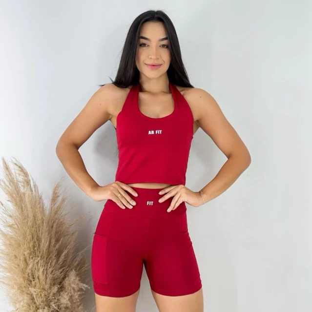 Conjunto Corrida Short Com Bolso Fitness Feminino Roupa Academia Blusa Frente Única