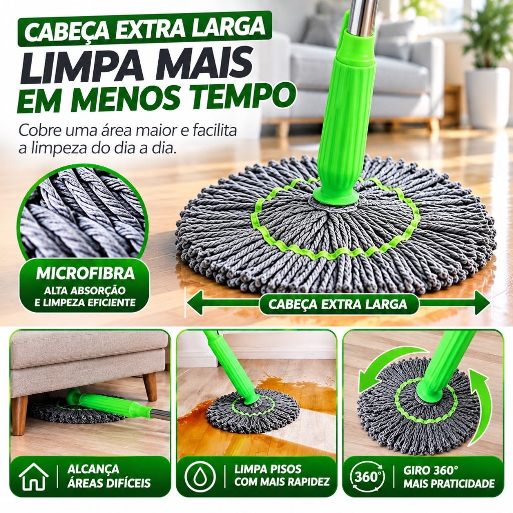 Mop rodo Giratório 360° 2 em 1 Esfregão com Torção Automática Cabo Inox 130cm Microfibra Lava e Seca Pisos + Refil — imagem 2 de 2