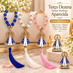 KIT Terço Nossa Senhora Aparecida + Imagem Santinha Para Carro Painel Retrovisor Mesa, Altar, Casa, Ideal para Presente