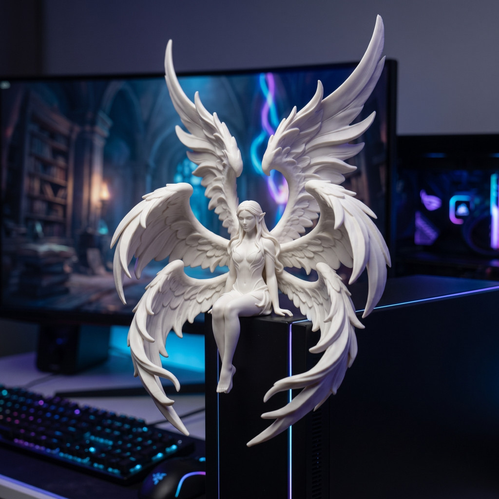 Escultura Anjo Alado 3D Decorativa | Peça de Fantasia para Mesa, Estante e Setup Gamer | 8 Cores