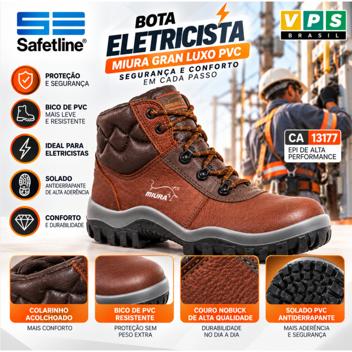 Bota Botina de Segurança Eletricista Miura Safetline Gran Luxo Bico PVC CA 13177 EPI