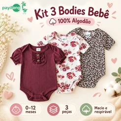 Payifang Kit 3 Bodies Bebê Menina Manga Curta Floral Terracota 100% Algodão 3M 6M 9M 12M