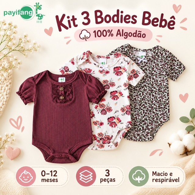 Payifang Kit 3 Bodies Bebê Menina Manga Curta Floral Terracota 100% Algodão 3M 6M 9M 12M