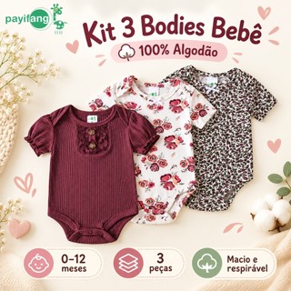 Payifang Kit 3 Bodies Bebê Menina Manga Curta Floral Terracota 100% Algodão 3M 6M 9M 12M