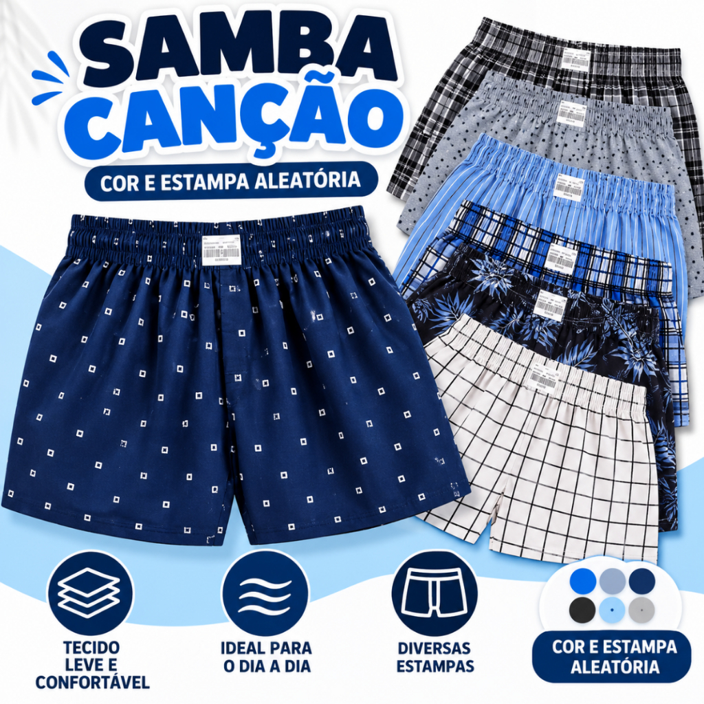 Samba Canção Masculina Cueca Boxer Solta Confortável Estampada Cores e Estampas Aleatórias